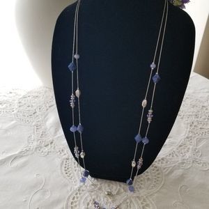 Long silvertone double necklace with blue and crystal stones NWOT